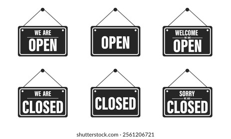 Set of open and closed hanging sign boards on the door. sign for cafe, restaurant, bar or retail store.