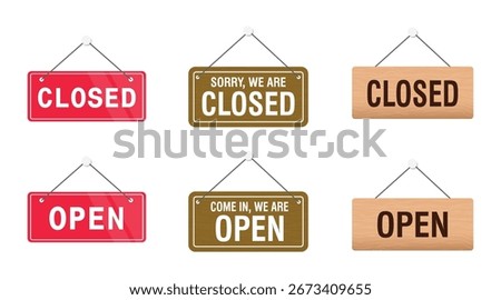 Set of open and closed hanging sign boards on the door. sign for cafe, restaurant, bar or retail store. Announcement banner, information signage for business or service. Vector illustration.
