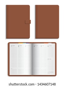 Set of open and closed leather diary with calendar pages. Hard cover brown color isolated on white background - vector