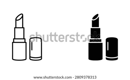 A set of open and closed lipstick icons featuring both outline and solid vector styles for beauty, fashion, or cosmetic design applications.