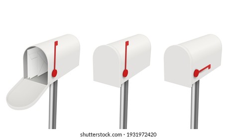 Set of open and closed mailbox with raised and lowered flag paper letters envelope inside vector isometric illustration. Collection of realistic modern boxes for delivery mail isolated on white