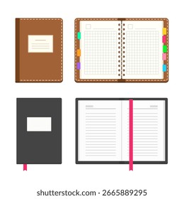 Set of open and closed notebook, organizer, diary or journal with empty ruled pages. School and office supplies collection. Hand drawn flat vector illustration isolated on white background 