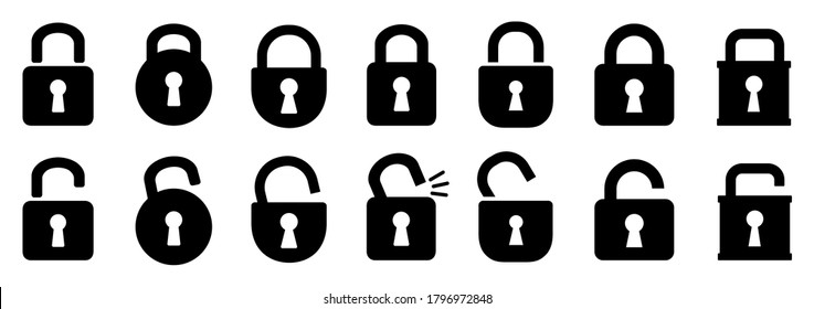 Set open and closed padlock icons, security check sign. Locks signs set. Locked and unlocked lock. Digital protection and security data concept – stock vector