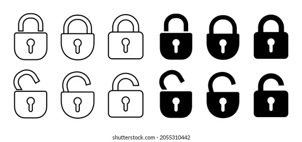 Set open and closed padlock icons, security check sign. Locks signs set. Locked and unlocked lock. Digital protection and security data concept – vector