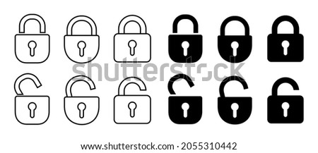 Set open and closed padlock icons, security check sign. Locks signs set. Locked and unlocked lock. Digital protection and security data concept – vector