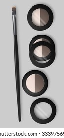 Set of open and closed pallets with eye shadows and brush eye makeup. Double eye shadows pallet. Vector illustration