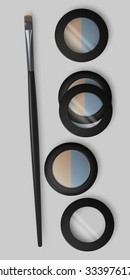Set of open and closed pallets with eye shadows and brush eye makeup. Double eye shadows pallet. Vector illustration