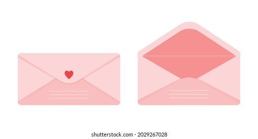 Sobre rosa abierto y cerrado decorado con corazón. Dibujo vectorial de correo postal de letra de amor personalizada aislado en fondo blanco. Símbolo del día de San Valentín