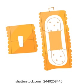 A set of open and closed sanitary pads, yellow packaging. A gasket for a woman's menstruation in a closed container is an element of a vector illustration of a flat-style packaging icon