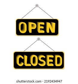 Set of open and closed signs. Signs with rope on a white background Vector 3D illustration.