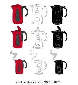 A set of open, closed and steam kettles - three red in cartoon style, three in outline style and three black silhouette of a kettle. Stock vector illustration isolated on a white background.