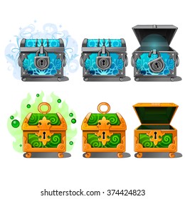 A Set Of Open And Closed Treasure Chest. Vector Illustration.