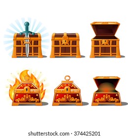 A Set Of Open And Closed Treasure Chest. Vector Illustration.