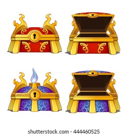 A set of open and closed treasure chest. Vector illustration.