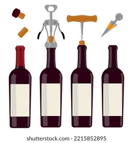 A set of open and closed wine bottles. A set of bottle caps. Corkscrew. Vector illustration.