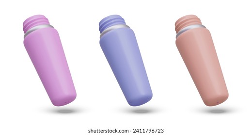 Set of open cosmetic tubes of different colors. Realistic packaging in pastel colors. Containers for mascara, lipstick, concealer. Modern makeup products. Vector isolated mockups