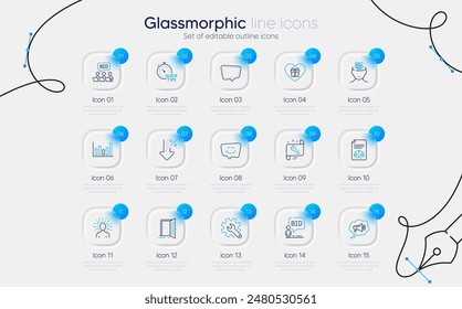 Conjunto de iconos de la línea de regalo de la puerta abierta, subasta y romántico para el App del Web. Personalización, Subasta en línea, Consejos rápidos iconos. Señales de megáfono, yoga, Spanner. Documentos legales, Mensaje de chat, Gráfico de columnas. Vector