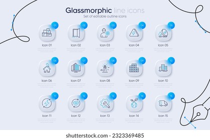 Set von Symbolen für Offene Tür, Enterprise und Anpassungslinie für Web-App. Großhandelsbestand, Erneuerbare Energie, Leuchtturmsymbole. Lastwagenlieferung, Blitzbolzen, Hausschilder. Retten Sie den Planeten. Vektorgrafik