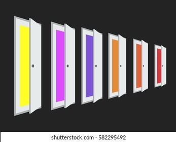 A set of open doors with different colors color. Isometric door. Vector illustration.