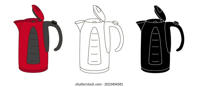 Set of open electric kettles - one red in the cartoon style, the second in the outline style and a black silhouette of the kettle. Stock vector illustration isolated on white background.