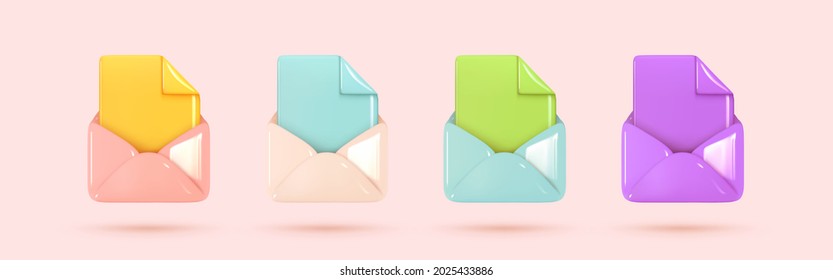 Set of Open Email envelope icon with document. Post mail letter. Multicolored realistic 3d design isolated. Vector illustration