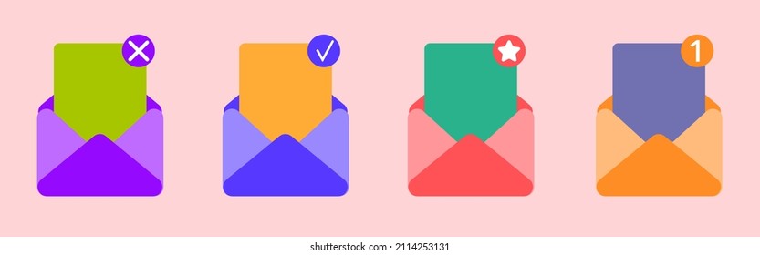 Set of Open Email envelope icon with document. Post mail letter. Multicolored realistic design isolated. Vector illustration