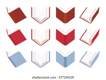 Set of open empty books in red and blue color, blank sheets, symbol of knowledge, education, paper source of information different positions isolated against white background, pages for copyspace