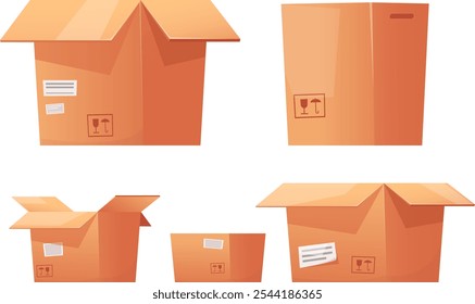 set of open empty cardboard boxes, paper boxes to pack things in. Stock vector illustration