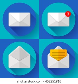 Set Open Envelope Mail Icon new letter sms message notification Flat 2.0 design style