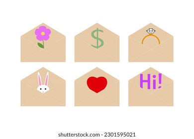 Set of open envelopes with clip arts isolated on white background. Flat flower, dollar, ring, hare, heart, hi. Cartoon vector illustration. Cute icons