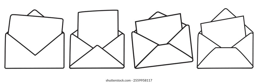 Set of open envelopes with letters. Outline design. Isolated icons. Black color. Hand drawn illustrations on white background.