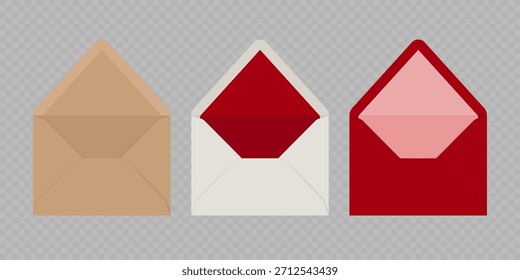 Conjunto de maqueta de sobres abiertos. Ilustración vectorial realista aislada en un fondo transparente