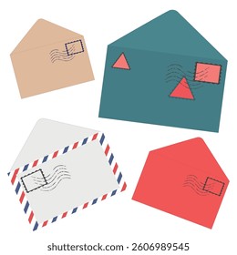 A set of open envelopes, red, blue, beige and striped. With stamps and seals on the letter.