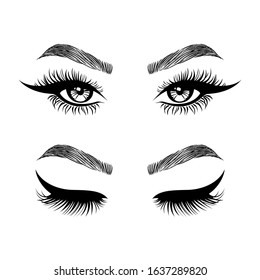 Set open eyes and closed eyes. Beautiful woman face, eyebrows and lush eyelashes, lashes extensions. Beauty Logo. Vector illustration.