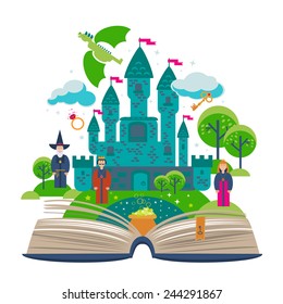 Set open fantasy book about fairy tale