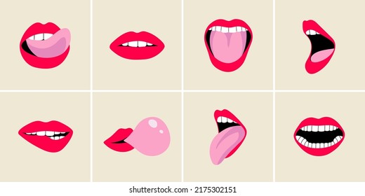 Set Of Open Female Human Mouth, Tongue, Teeth In Modern Flat, Line Style. Hand Drawn Vector Illustration Of Sexy Lips, Sticking Out, Lip Biting, Scream, Passion. Fashion Patch, Badge, Emblem, Sticker