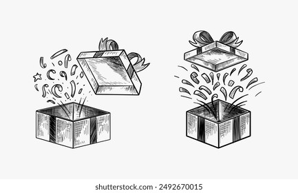 Conjunto de caja de regalo abierta. Ilustración dibujada a mano convertida en Vector. Aislado