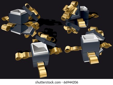 Set of Open Gift Boxes with Golden Bow on Black Background. Vector Illustration (EPS v.8.0)