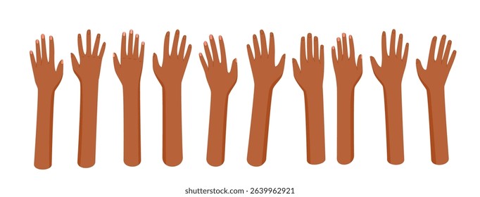 Set of open hands in flat style. Raised human gestures represent unity and solidarity. Diverse bare arms express community and volunteer work. Abstract colorful illustration for charity, equality