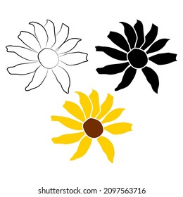 Set of open heliopsis blossom vector outline, silhouette and color illustration isolated on white background. Vector sketch style top view hand drawing of wild, heliopsis, false sunflower.