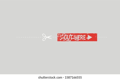 Set of open here and case icon packaging symbols sign, cut here, tear here and this side up rubber stamp on cardboard background. Paper line cut tear open here symbol of cut this out