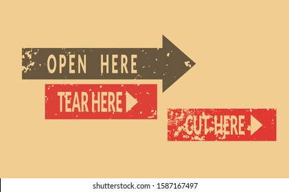 Set of open here and case icon packaging symbols sign, cut here, tear here and this side up rubber stamp on cardboard background. Paper line cut tear open here symbol of cut this out