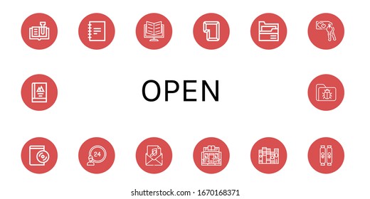 Set von offenen Symbolen. Bücher, Notebook, E-Book, Schlüssel, Ordner, Audiobook, Stunden, Einladung, Buchladen, Bücher, Schokolade, offene Symbole