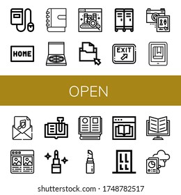 Set of open icons. Such as Ebook, Doormat, Notebook, Pizza box, Folder, Locker, Exit, Wedding photo, Invitation, Portfolio, Book, Lipstick, Books, Door , open icons