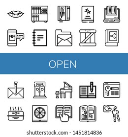 Set of open icons such as Lips, Package, Book, Notebook, Email, Box, Ebook, Envelope, Cardboard box, Entrance, Pizza box, Grand piano, Reading, Finance book, Password, Key , open