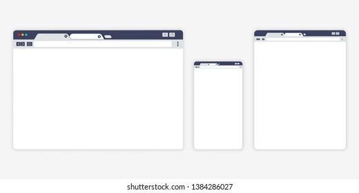 Set Of Open Internet Browser Windows For Different Devices. Computer, Tablet, Phone Sizes. Design A Simple Blank Web Page. Vector Illustration For Web Site Or Mobile App