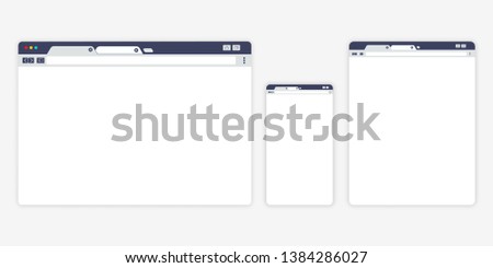 Set of Open Internet browser windows for different devices. Computer, tablet, phone sizes. Design a simple blank web page. Vector illustration for web site or mobile app