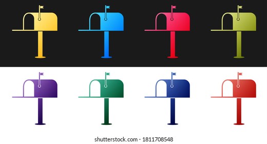 Set Open mail box icon isolated on black and white background. Mailbox icon. Mail postbox on pole with flag. Vector.