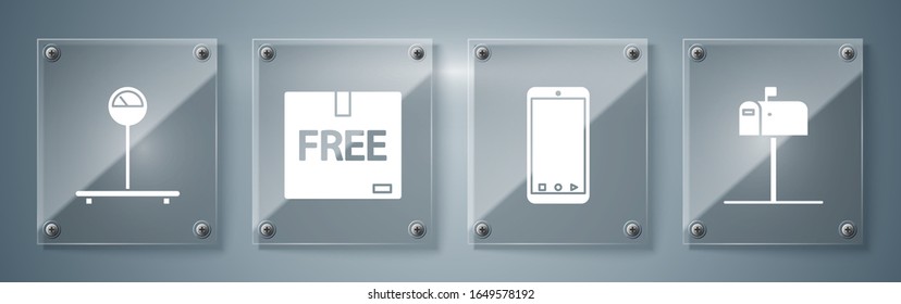 Set Open mail box , Mobile phone with app delivery tracking, Cardboard box with free symbol  and Scale . Square glass panels. Vector