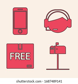Set Open mail box , Mobile phone with app delivery tracking, Support operator in touch and Cardboard box with free symbol  icon. Vector